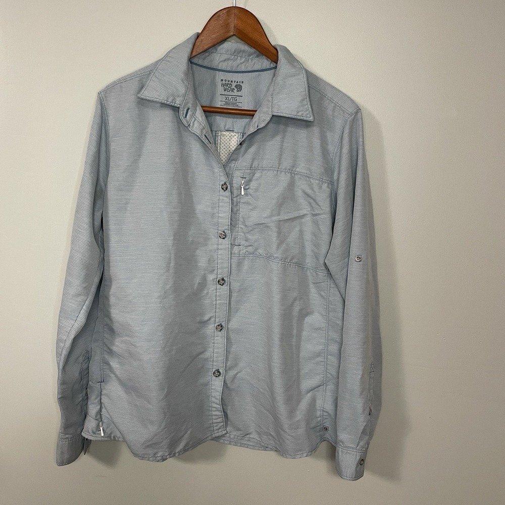 Mountain Hardware Womens Button Up Shirt Sz XL Blue Vented Hiking Camp Outdoor